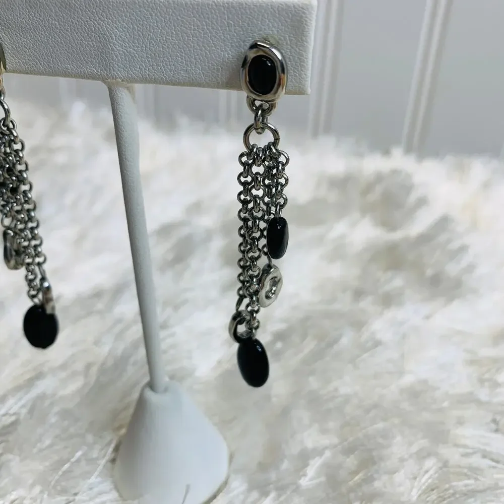 Silver Chain Earrings  Black Bead Multiple Strands 2.5